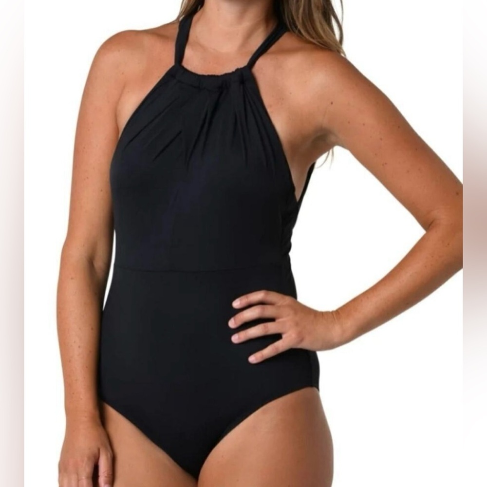 Jantzen Women's Standard Mesh Front Detail Black High Neck One-Piece Swimsuit